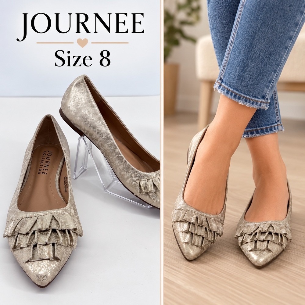 Journee Collection Judy Womens Size 8 Gold Metallic Ruffle Pointed Toe Flats